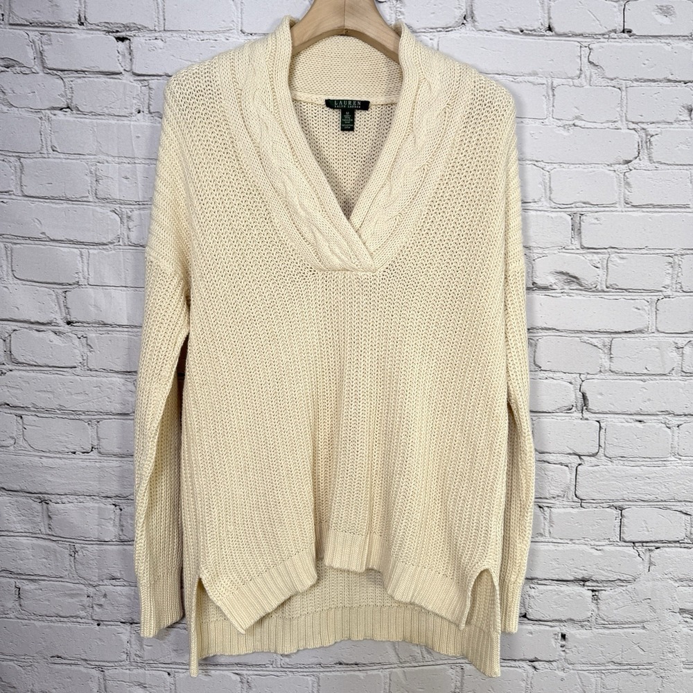 Lauren Ralph Lauren Chunky Sweater M Cream Cable‎ Knit Collar Fisherman High Low